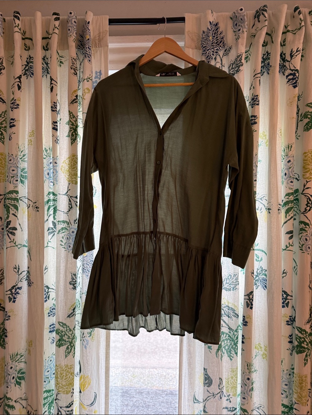 Zara Olive Green Button-Front Peplum Blouse